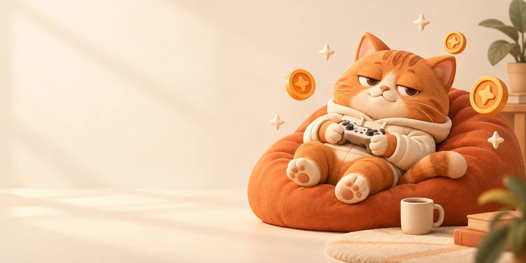 厭世貓咪抱著遊戲手把，舒服地窩在懶骨頭上